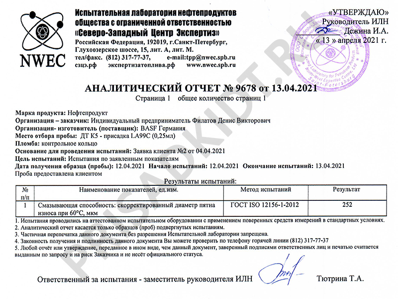Результат испытания присадки для ДТ Kerokorr LA 99 C - дозировка 0,25 мл присадки на 1 л ДТ Результат испытания присадки для ДТ Kerokorr LA 99 C - дозировка 0,25 мл присадки на 1 л ДТ